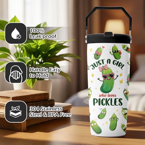 Hiboss Pickle Gifts Tumbler with Handle and Flip Straw 28oz, Insulated Stainless Steel Just A Girl Who Loves Pickles Travel Cup Mug, Birthday Gifts for Pickled Cucumber Lover Women Girls - color: Pickle