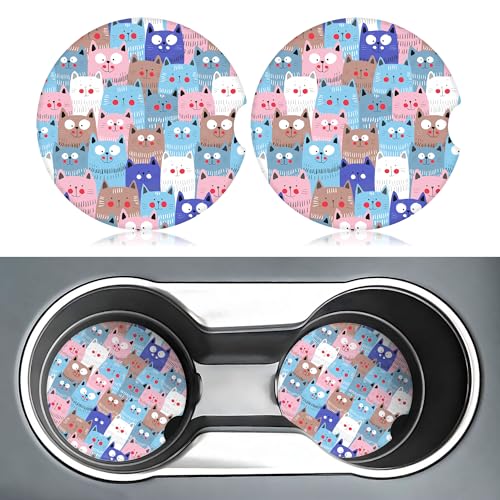 Cute Colorful Cats Car Coasters for Cup Holders,2 Pack Car Cup Holder Coasters for Car,Ceramic Absorbent Car Coaster with A Finger Notch and Cork Base,Car Interior Accessories for Women Men - color: Cute Colorful Cats