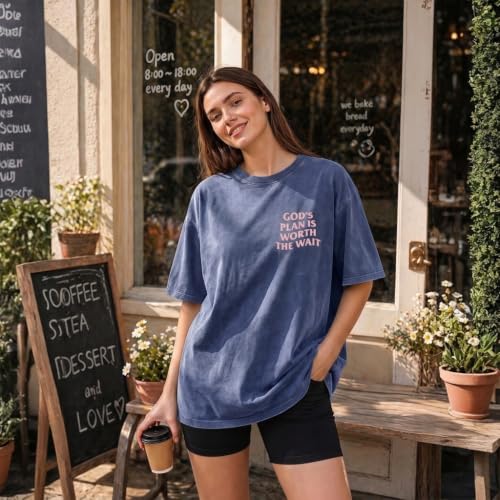 Christian Oversized Shirts for Women God Graphic Tees Shirts Bible Verse Jesus Shirt Religious Acid Wash Tshirts - color: Blue, size: Medium