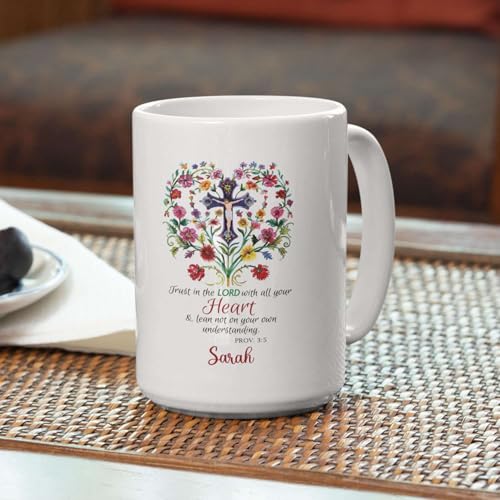 Personalized Bible Verse Ceramic Cup, Inspirational Mug Gift For Christian, Cross In Floral Heart Design On White Mug, Customized Name Christian Faith Coffee Mug 11oz, Custom Religious Gift - color: XUA-624-2303-A Cross In Floral Heart