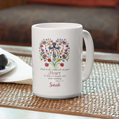 Personalized Bible Verse Ceramic Cup, Inspirational Mug Gift For Christian, Cross In Floral Heart Design On White Mug, Customized Name Christian Faith Coffee Mug 11oz, Custom Religious Gift - color: XUA-624-2303-A Cross In Floral Heart