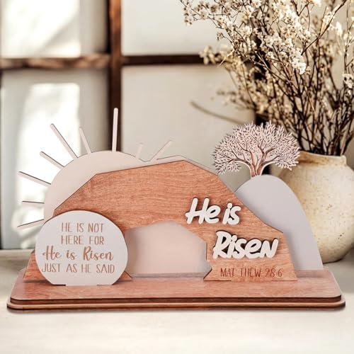Blulu Empty Tomb Easter Scene and Christian Decoration Wooden Easter Resurrection Scene He is Risen Jesus Tomb Tray Set Nativity Jesus Scenes Decor for Religious Home Spring Decor Christian Gifts
