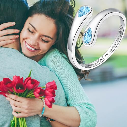 Jinlou Thumb Rings for Women - 925 Sterling Silver Birthstone Open Teardrop Encouragement Adjustable Ring Women Gifts for Teens Mom Birthday Mother's Day St Patricks Day - color: March, style: Beautiful you can do amazing things