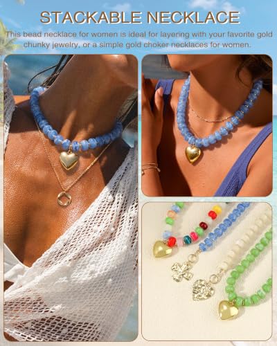 ZHESHY Chunky Beaded Necklaces for Women Heart Cross Statement Necklace - color: Blue 3