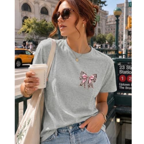 Leopard Bow Shirt Cheetah Bow Shirt Christian Shirts for Women Faith Bible Verse Shirts God Coquette Graphic Tees - color: Light Gray, size: Medium
