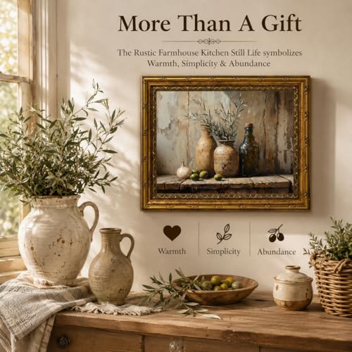 Vintage Gold Framed Wall Art Moody Mediterranean Olive Still Life - Canvas Painting Terracotta Pots Garlic Pictures Wall Decor, Kitchen Dining Room Decor Gift, 9x11in - color: Olive, size: 11"L x 9"W