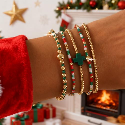 Gold Beaded Bracelets Stack for Women Stackable 14K Gold Plated Beads Ball Cross Bracelet Boho Christian Jewelry Faith Friendship Birthday Gifts for Women - color: red green