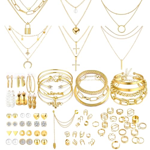 EIELO 90pcs Gold Jewelry Set for Women with 7 Necklaces, 11 Bracelets, 12 Hoop Earrings 24 Ear Studs, 14 Ear Cuffs, 22 Knuckle Rings for Womens Gold Plated Fashion Jewelry Set