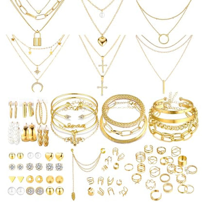 EIELO 90pcs Gold Jewelry Set for Women with 7 Necklaces, 11 Bracelets, 12 Hoop Earrings 24 Ear Studs, 14 Ear Cuffs, 22 Knuckle Rings for Womens Gold Plated Fashion Jewelry Set