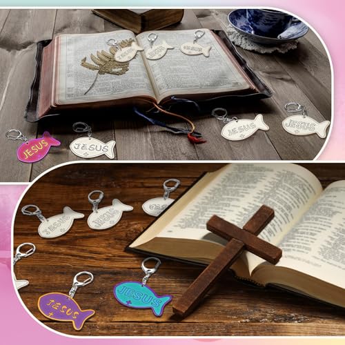 Yuntau 24 Pcs Jesus Faith Fish Keychain Crafts, Vbs Wooden Craft - style: Jesus Fish
