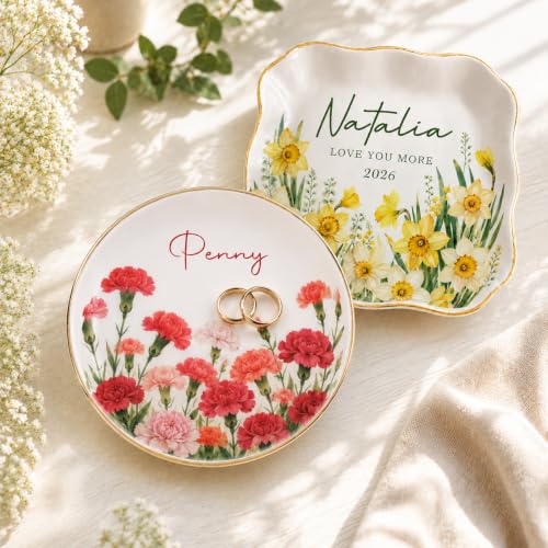 Personalized Ceramic Ring Dish with Name and Birth Flower, Custom Jewelry Tray Trinket Dish for Rings Earrings Necklaces Keys, Birth Month Flower Gift for Mom Bridesmaid Wife Best Friend - color: Birth Month Jewelry Dish