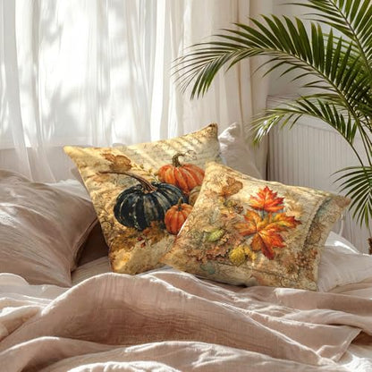 Farmhouse Fall Maple Leaf Pumpkin Throw Pillow Covers 18x18 Set of 2 - color: Pumpkin-7