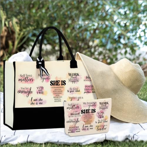jeilink Inspirational Religious Gifts Boss Mom Birthday Christmas Tote Bag Canvas Reusable Grocery Beach Tote Black Pink - color: Self Care Positive 1715