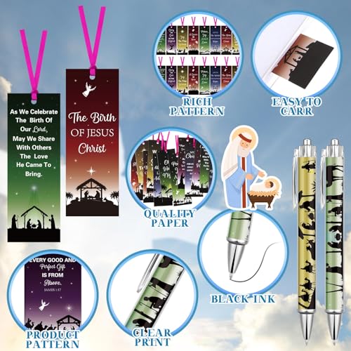 72 Pcs Christian Gifts Bulk Christmas Nativity Bookmark Bible Verse Ballpoint Pen Religious Scripture Notepads Prayer Journal Inspirational Notebook Mini Notepads for Women Men Church Xmas Office