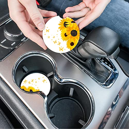 Car Coasters 2 Pack, Small 2.56" Stone Car Cupholder Absorbent Coaster Set for Women Men Drink Cup Holder Coasters (Sunflower&Butterfly) - color: Sunflower&butterfly