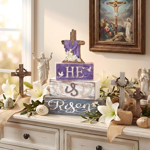 Britimes Tiered Tray Decor Set, 4 Pack, Wooden Table Sign, Easter Christian - style: He Is Risen Cross