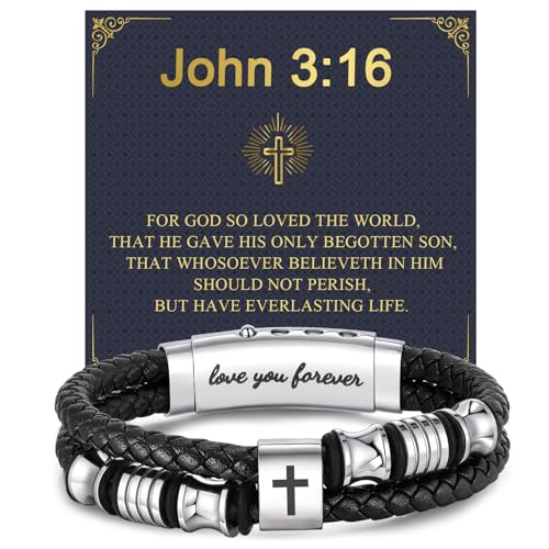 Men's Leather Cross Bracelet - Silver Double Row Braided Leather Cross Bracelet for Men with Inspirational Bible Verse Card, Faith Christian Religious Gift for Husband Son on Baptism Easter Birthday - color: John 3:16