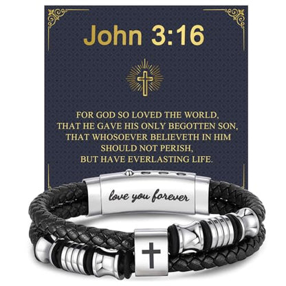 Men's Leather Cross Bracelet - Silver Double Row Braided Leather Cross Bracelet for Men with Inspirational Bible Verse Card, Faith Christian Religious Gift for Husband Son on Baptism Easter Birthday - color: John 3:16