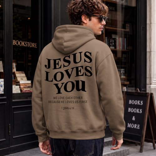Wrenpies Christian Jesus Love You Hoodie for Men Jesus Is King Faith Religious Bible Verse Hoodies Graphic Fleece Sweatshirt - color: Coffee, size: Small