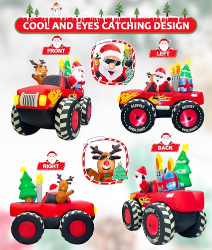 EAONE 7FT Christmas Inflatable Outdoor Decoration, Inflatable Santa Claus & Reindeer on Monster Truck, Blow Up Yard Decorations LED Lighted for Yard, Garden, Lawn, Home Xmas Holiday Decor - color: 7 FT Inflatable Santa Claus & Reindeer on Monster Truck