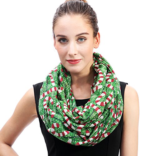Lina & Lily Holiday Christmas Pattern Print Women's Infinity Scarf Lightweight - color: Green Red White, Candy Cane