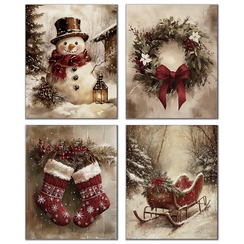 DOFQZ Vintage Christmas Wall Art Prints Set of 4, Rustic Red Christmas Decor, Farmhouse Holiday Winter Red Sleigh Stocking Wreath Snowman Posters for Home Living Room Bedroom Decor, 8x10 Unframed - color: 12Child, size: 8*10