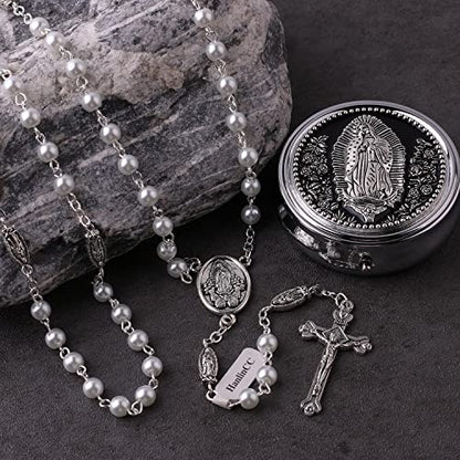 HanlinCC Guadalupe Catholic Rosary Glass Pearl Beads Necklace with Gift Box - color: Guadalupe Rosary White