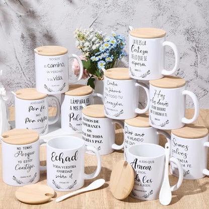 Didaey 12 Sets Christian Gifts Bulk Religious Coffee Mugs 12oz Bible Verses White Ceramic Cup with Lid Handle Spoon Inspirational Mug Church Gift for Men Coworker Employee Staff(Spanish) - style: Spanish