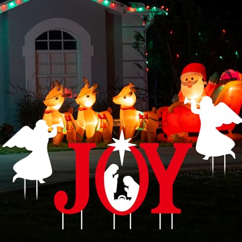 5Pcs JOY Nativity Scene Decorations, Joy Nativity Yard Sign, with Stake, Angels Christmas Decorations, for Home, Outdoor, Lawn, Pathway, New Year, Christmas Holiday Party Supplies
