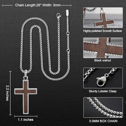 Wooden Cross Necklace for Men With Stainless steel And Black Ebony Adjustable Box Chain 24–26 inches Suitable for Everyday Wear And Christian Gifts for Men - color: Silver
