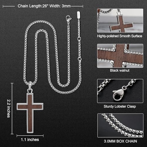 Wooden Cross Necklace for Men With Stainless steel And Black Ebony Adjustable Box Chain 24–26 inches Suitable for Everyday Wear And Christian Gifts for Men - color: Silver