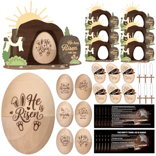 6 Set/24 Pcs Easter Christian Egg Easter Basket Stuffer Wooden Egg Easters Empty Tomb with Prayer Card Religious He is Risen Decoration Table Centerpiece Gift for Church Home Tiered Tray