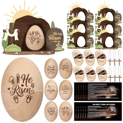 6 Set/24 Pcs Easter Christian Egg Easter Basket Stuffer Wooden Egg Easters Empty Tomb with Prayer Card Religious He is Risen Decoration Table Centerpiece Gift for Church Home Tiered Tray