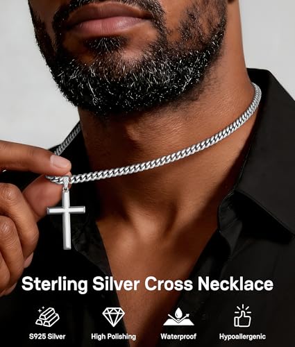 Jewlpire 925 Sterling Silver Cross Necklace for Men, 18k Gold Plated Sterling Silver Cross Necklace with 5mm Stainless Steel Cuban Link Chain for Men, 18 20 22 24 26 Inch - color: Silver Cross Pendant