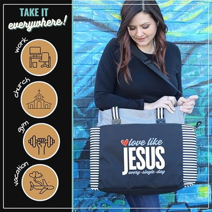 Brooke & Jess Designs Church Bags for Women - Bible Tote Bags for Women, Large Tote Bag for Womens with Zipper - color: Gray Loulou Love Like Jesus