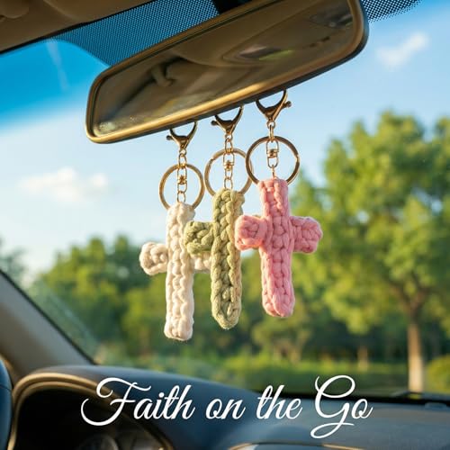 3 Pack Cross Keychains, Christian White Pink Green Colors Cross Key Chain