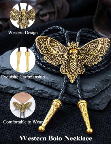 Western Cowboy Bolo tie for Men Women Gold Silver Death Skull Moth Cross Bolo Tie Christmas Deer Rooster Wolf Necktie Gift - color: 1# Gold Death Moth