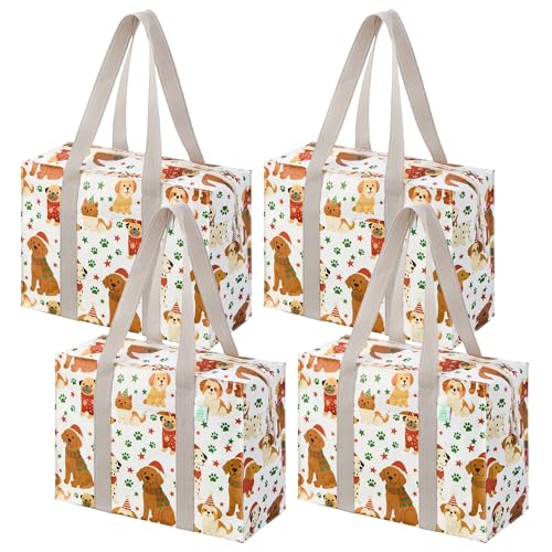 VENO 4 Pack Utility Tote Reusable Grocery Bags with Zipper & Hard Bottom - color: Holiday Pups, size: 4 Pack