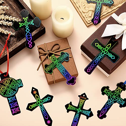 Chivao 80 Pcs Scratch Art Cross Ornaments Rainbow DIY Kit for Kids