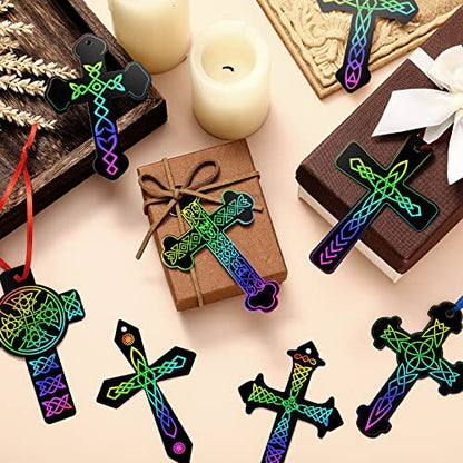 Chivao 80 Pcs Scratch Art Cross Ornaments Rainbow DIY Kit for Kids