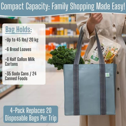 VENO 2/4 Pack Compact Reusable Grocery Shopping Bags with Hard Bottom - color: Light Blue-4 Pack