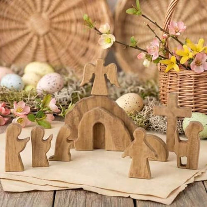 10 Pcs Easter Resurrection Scene Set Wooden Empty Tomb Easter Decorations Christian Nativity Scene Decor Cross Jesus Tomb Tray Set for Religious Home Office Tabletop Christian Gifts