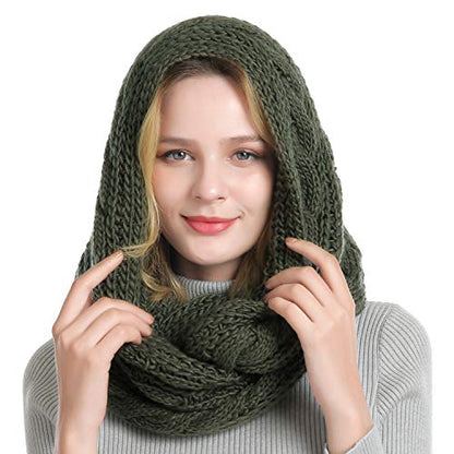 Winter Women Thick Cable Knit Ribbed Infinity Circle Loop Scarf - color: Dark Olive