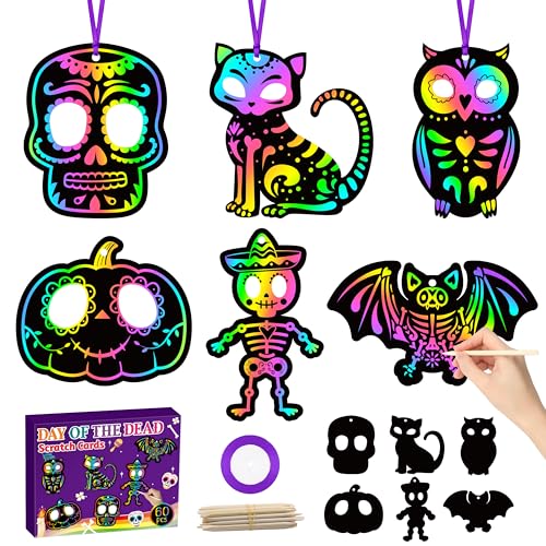 CY2SIDE 60PCS Day of The Dead Skeleton Scratch Card Gift Set for Kid, DIY Mexican Fiesta Scratch Paper Kit for Student School Activity, Magic Art Rainbow Color Craft for Children Halloween Party Favor - style: Day of the Dead