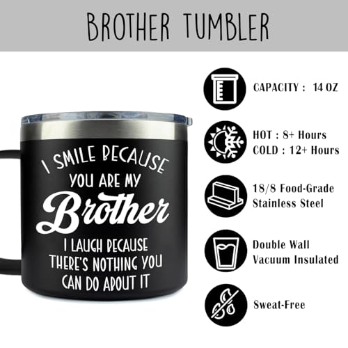 14 Oz Tumbler for Brother – Christmas, Birthday Present from Sister or Brother, Funny Drinkware for Him - color: Brother Smile