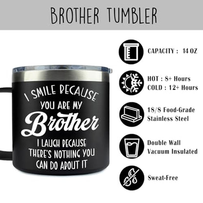 14 Oz Tumbler for Brother – Christmas, Birthday Present from Sister or Brother, Funny Drinkware for Him - color: Brother Smile
