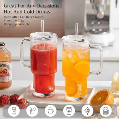 INSETLAN 26oz Glass Tumbler with Handle & Lid – 4-Pack Large Iced Coffee Cups with Straws, Modern Glass Mug for Cold & Hot Beverages, Aesthetic Travel Cup for Smoothies, Tea, and Juice - color: B-Clear-4PCS