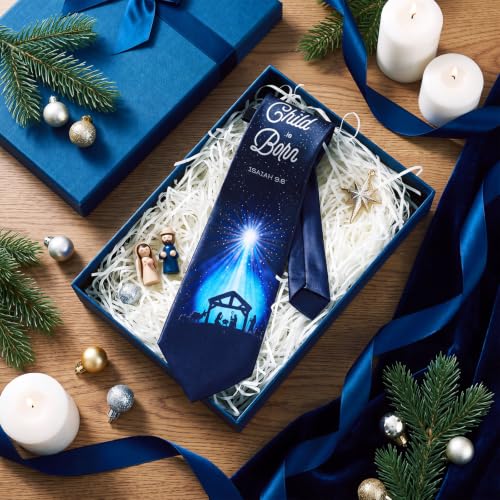 Christmas Nativity Ties Religious Necktie for Men Manger Scene Tie Religious Necktie for Celebrations - color: Blue, style: A Child is Born