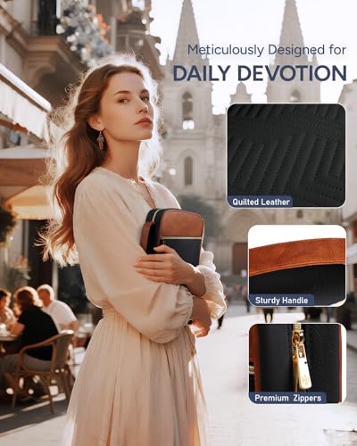 BellaHold Bible Cover Case for Women Quilted Bible Case with Handle Strap - color: Black & Brown, size: M/L