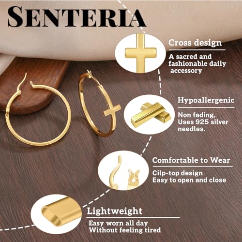 Senteria 3MM 925 Sterling Silver Post Cross Hoops Earrings Hypoallergenic - color: Gold-40MM